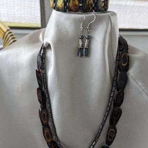 Hematite Cross pendant/Saint Bead Bracelet black wood/wood necklace